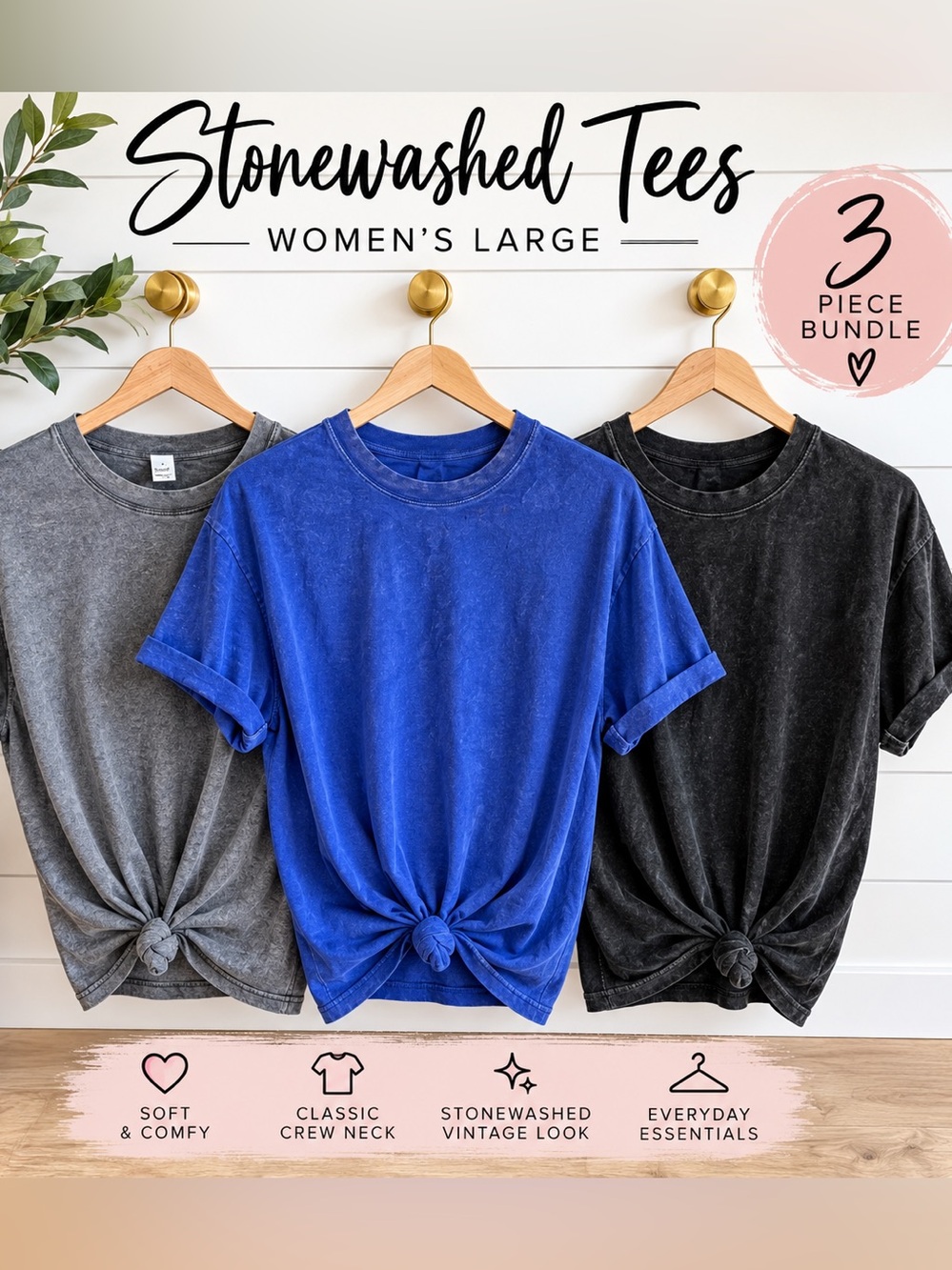 💙 3-Piece Stonewashed T-Shirt Bundle Women’s Large Gray Blue Black